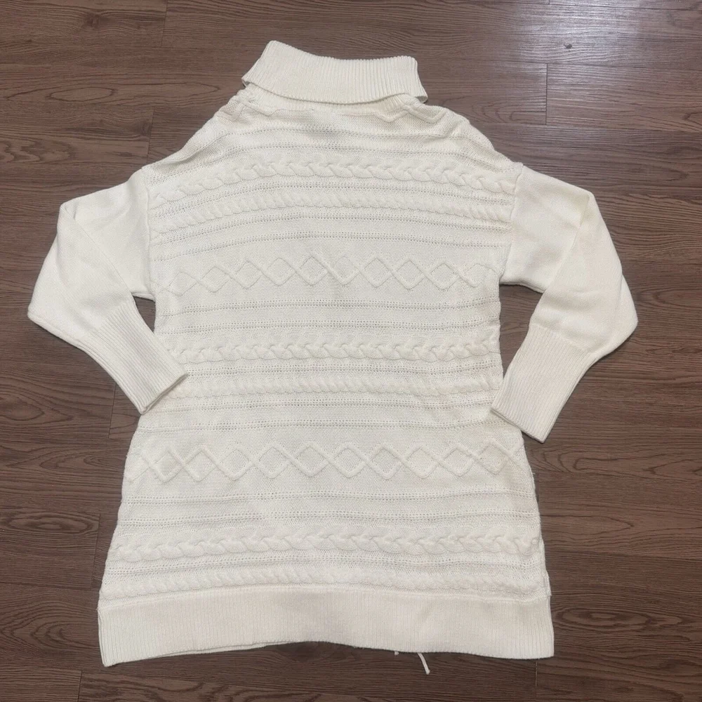 Chico’s Cream Boho Fringe Turtleneck Cable-Knit Tunic Sweater Women Size:2/L